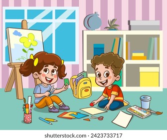 Children drawing with pencils and paints. Vector illustration of a group of children.little cute kids cut paper for art with friend.