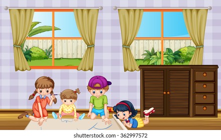 Children drawing picture in the room illustration