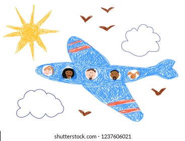 Children drawing. Plane in the sky.