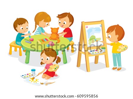 Children drawing and sculpturing in art class