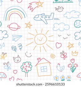 Children drawing seamless pattern. Kids primitive scribbles, naive art, young artists works, repeated handwriting. Textile, wrapping paper, wallpaper. Print for fabric classy vector background