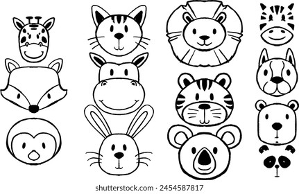 Children drawing set with cute animal face. Black and white hand drawn. Vector illustration child like drawing.