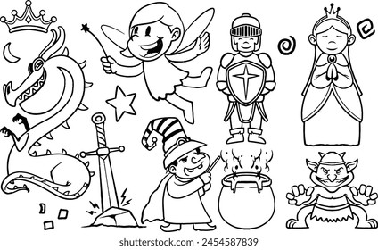 Children drawing set with Fantasy Characters illustration. Black and white hand drawn. Vector illustration child like drawing.