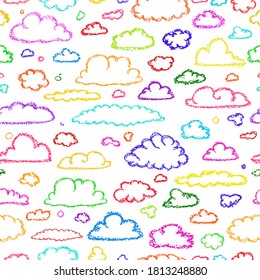 Kinder, die eine Art Cloud-Druck verwenden. Handgezeichnete Wachskreize sind auf blauem Hintergrund zu sehen. Chalk-Stil einzeln auf Wolkenhintergrund. Wolkenmuster. Weiße pastellfarbene Krabben gezeichnet Wolken Textur.