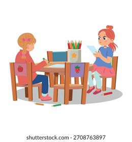 Kinder, die an einem Tisch auf weißem Hintergrund zeichnen, Vektor.