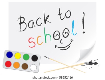 Children drawing the text back to school a brush paints on a paper