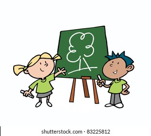 Children drawing a tree on a blackboard