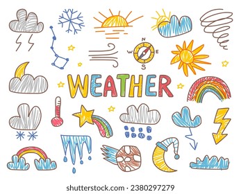 Niños dibujando elementos meteorológicos. Las nubes y el sol, el viento y el arco iris dibujan el estilo del lápiz de color. Iconos de pronóstico aislados colección de vectores infantiles de clase