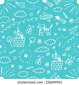 Children drawings blue seamless pattern.