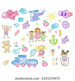 Children drawings with crayon. Kids doodle drawing, children crayon drawing and hand drawn kid ice cream, plane, helycopter,train and teddy bear pastel pencil doodle vector illustration