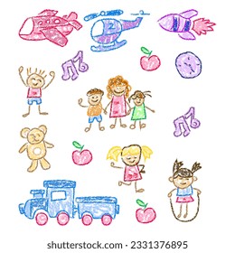 Children drawings with crayon. Kids doodle drawing, children crayon drawing and hand drawn kid, plane, helycopter,train and teddy bear pastel pencil doodle vector illustration