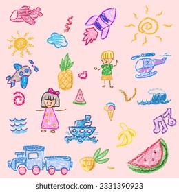 Children drawings with crayon. Kids doodle drawing, children crayon drawing and hand drawn, pastel pencil doodle vector illustration