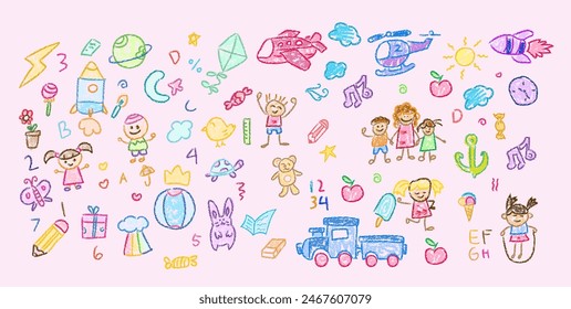 Children drawings with crayon. Kids doodle drawing, children crayon drawing and hand drawn kid ice cream, plane, helycopter, train, rocket and plane pastel pencil doodle vector illustration