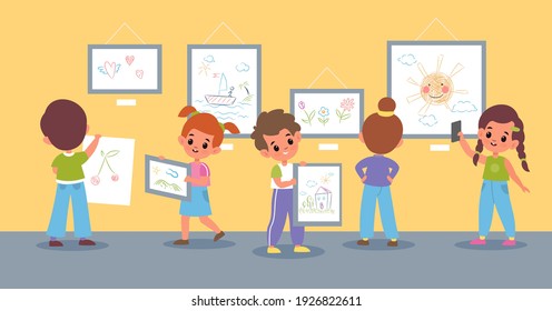 Children Drawings Exhibition. Boys And Girls Pictures Presentation In School Or Kindergarten, Hanging Kids Paintings And Artworks In Museum Hall, Young Artists, Vector Flat Cartoon Isolated Concept