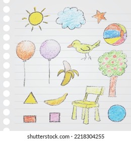 Children Drawings made with Color Pencils over a Lined Paper Background