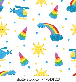 Children drawings seamless pattern. Colorful vector background with toys, sun and rainbow.