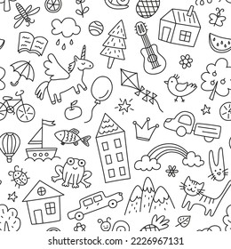 Children drawings seamless pattern  Kids doodle texture  Hand drawn cute house  cat  frog  unicorn  Baby seamless pattern  Editable stroke  Vector illustration white background 