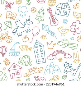Children drawings seamless pattern  Kids doodle texture  Hand drawn cute house  cat  frog  unicorn  Baby seamless pattern  Editable stroke  Vector illustration white background 
