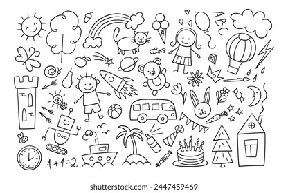 Children drawings set. Kid doodle elements. Boy, girl and robot. Sun in clouds, summer flowers, painted house and castle, cute cat and teddy bear. Line ship. Vector illustration on white background.