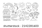 Children drawings set. Kids doodle. Hand drawn road with car and cute house. Sand island and palm trees. Smiling sun, cloud and rainbow. Editable stroke. Vector illustration on white background.