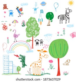 Children drawing,Set of colorful vector illustrations