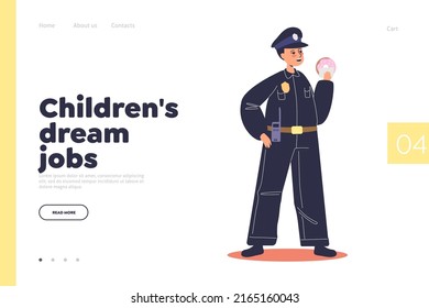 Children Dream Job Concept Of Landing Page With Kid Policeman. Small Boy Child In Uniform Holding Donut Work As Police Officer. Cartoon Flat Vector Illustration