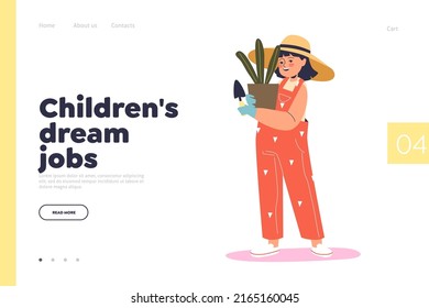 Children Dream Job Concept Of Landing Page With Girl Gardener, Florist. Small Kid In Red Overalls Holding Plant In Flowerpot Work As Landscape Designer. Cartoon Flat Vector Illustration