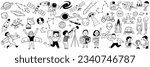 Children dream and learning about outer space, astronomy, cosmos, stars, solar system, planets, alien, ufo, etc. Cute character doodle, black and white ink style, outline, linear, thin line art. 
