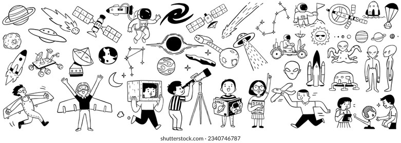 Children dream and learning about outer space, astronomy, cosmos, stars, solar system, planets, alien, ufo, etc. Cute character doodle, black and white ink style, outline, linear, thin line art. 