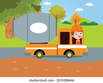 Children Dream vector concept. Little boy cartoon character driving a concrete mixer truck