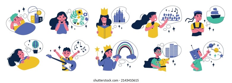 Children dreaming about flying in outer space sporting achievements round world trip color set isolated vector illustration