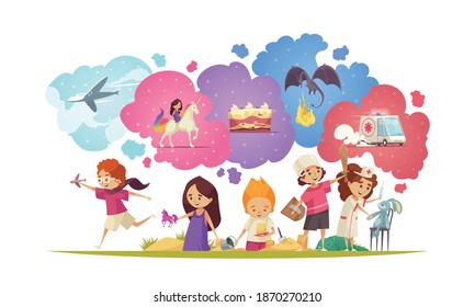 Children dreaming composition with group of doodle kids characters with toys and colourful imagination thought bubbles vector illustration