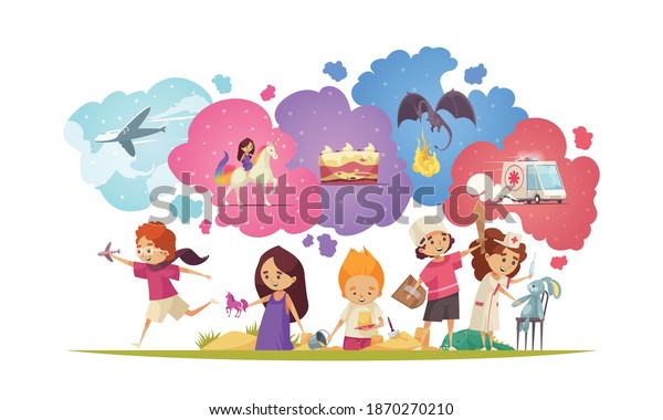 Children dreaming composition with group of\
doodle kids characters with toys and colourful imagination thought\
bubbles vector\
illustration