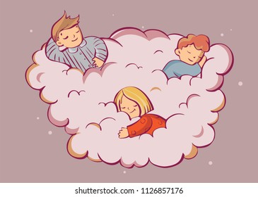 Children dreaming on cloud. Cartoon style vector illustration