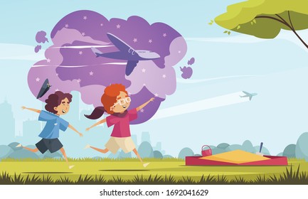 Children dreaming pilot composition with outdoor scenery cityscape silhouette and running boys with images of airplanes vector illustration