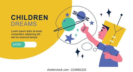 Children dreams horizontal banner with image of little boy dreaming to become astronaut vector illustration