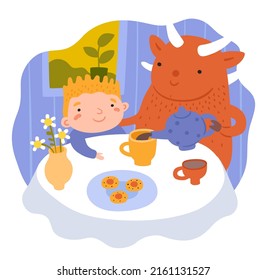 Children dreams. Little dreamer with fictional friend. Cute monster and kid drink tea at table. Imaginary animal. Bizarre creature and happy boy dining together. Vector