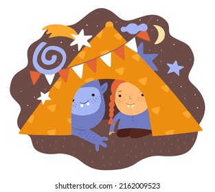 Children dreams. Little dreamer with fictional friends. Monster and kid play in tent. Bizarre alien creature. Girl and imaginary animal. Playful kid in teepee. Vector