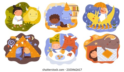 Children dreams. Little dreamers with fictional friends. Monsters and kids. Bizarre animals walking and reading. Happy boys and girls. Vector invented adventure set with