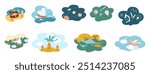 Children dreams scenes in clouds flat color vector icon set. Amazing adventures with imagination illustration pack on white background