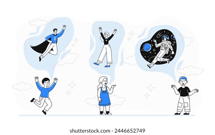 Children dreams simple set. Boys and girls with imagination. Future profession. Superhero, astronaut and winner at competition. Cartoon flat vector collection isolated on white background