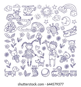 Children dreams. Vector hand drawn illustration of boy and girl. Pets and different toys