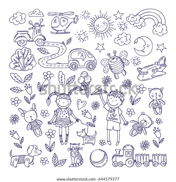 Children dreams. Vector hand drawn\
illustration of boy and girl. Pets and different\
toys