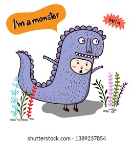 Children dress up wearing a monster mascot costume in an outdoor location.Doodle art concept,illustration painting