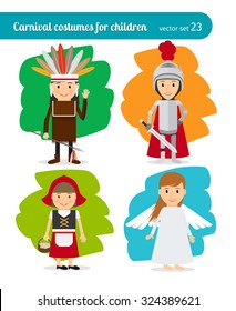 Children dressed as American Indian and knight, red hat and angel