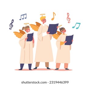 Niños Vestidos Con Vestimenta Ángel Con Nimbus Sosteniendo Notas Armoniosamente Cantando Juntos En Coro, Ilustración Vectorial