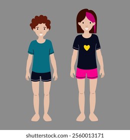 Children dressed in casual summer clothing standing on a plain background