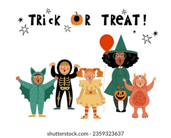 Children dressed as clowns, monsters, witches asking for sweets for Halloween. Vector "trick or treat" illustration.