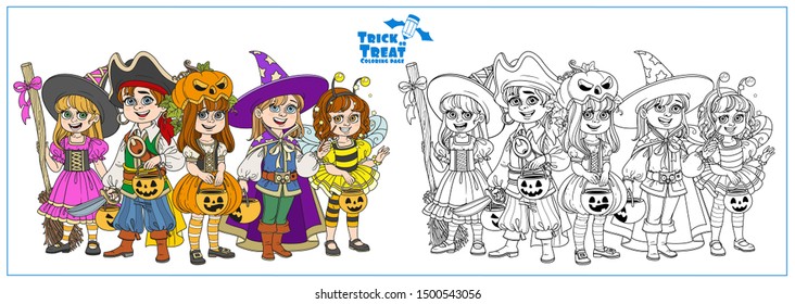 Children dressed in costumes of monsters and magic creatures for Halloween trick or treat color and outlined for coloring page