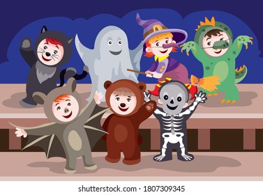 niños vestidos con diferentes disfraces para la halloween festiva, esqueleto, oso, murciélago, fantasma, ilustración de dibujos animados, vector, eps